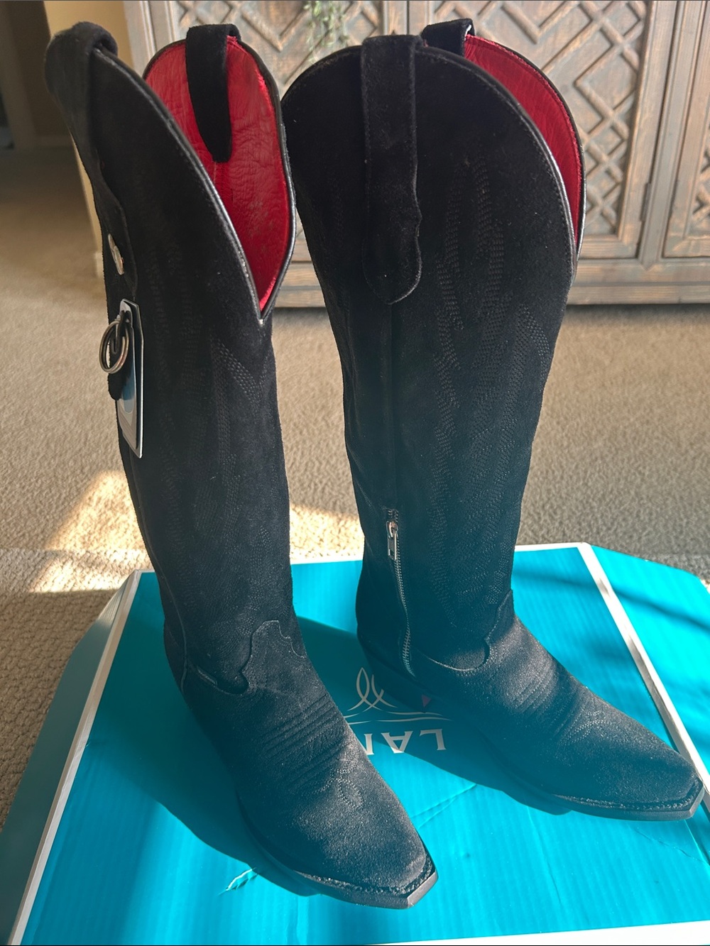 Rock’em Red Bottom Black Suede Tall Boots NWT 7.5